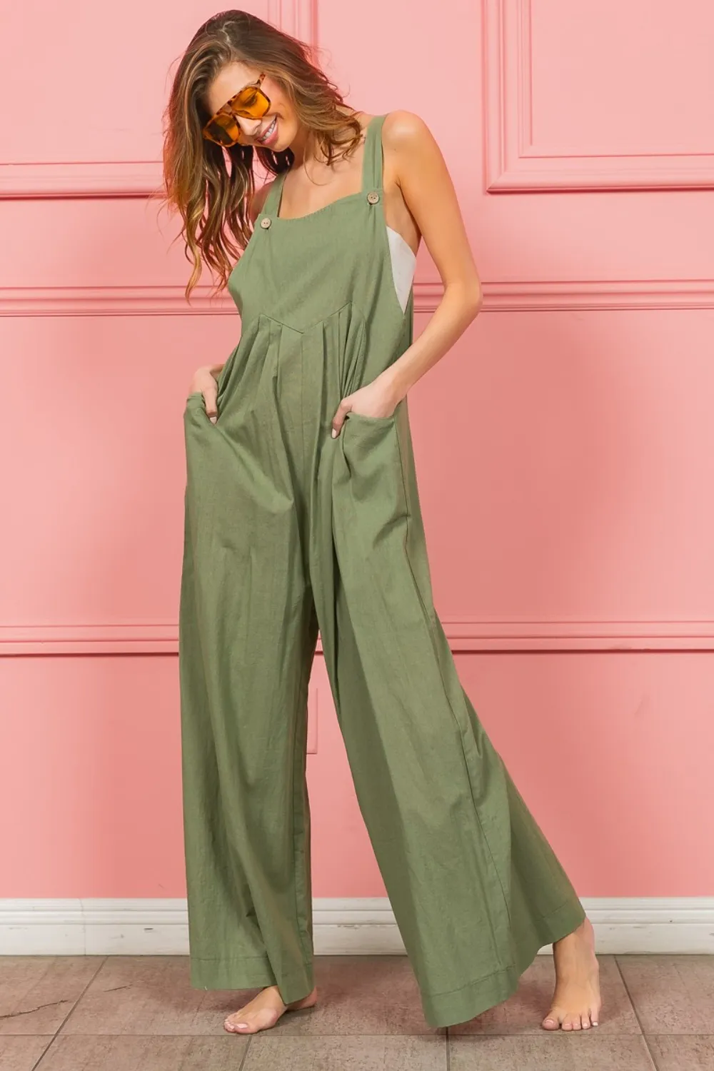 Ruched Wide Leg Overalls with Pockets, image 2