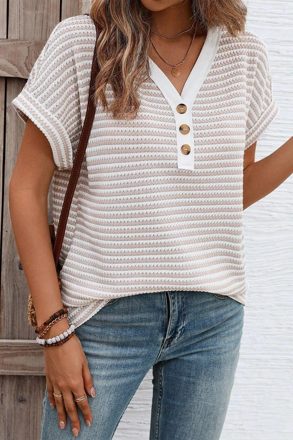 Stripe Buttoned Front V Neck T Shirt, image 4