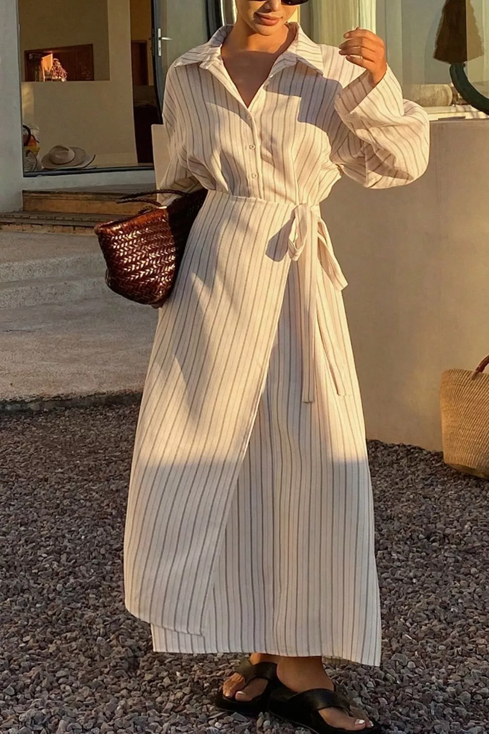 Striped Button-Down Shirt Dress with Waist Tie, image 6