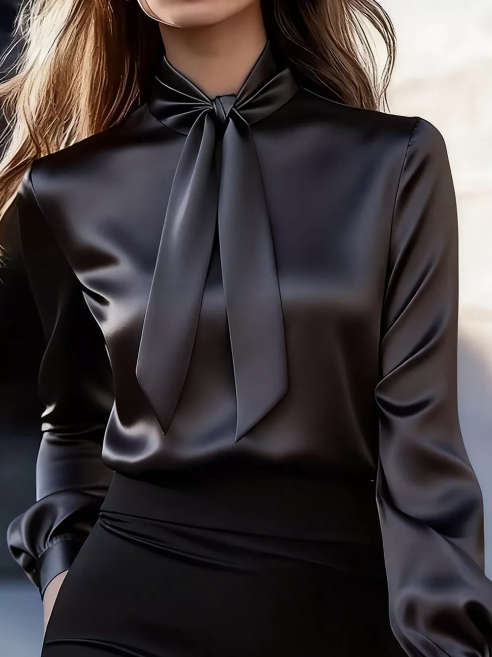Satin Bow Tie Long Sleeve Blouse, image 2