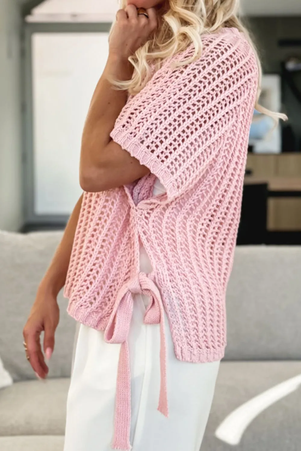Hollow-out Crochet Side Tied Short Sleeve Knit Cover Up, image 7