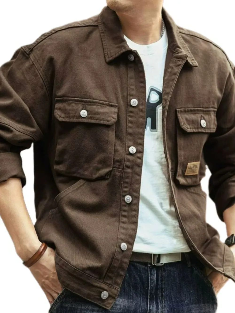 Men's Washed Collared Neck Cargo Jacket, image 4