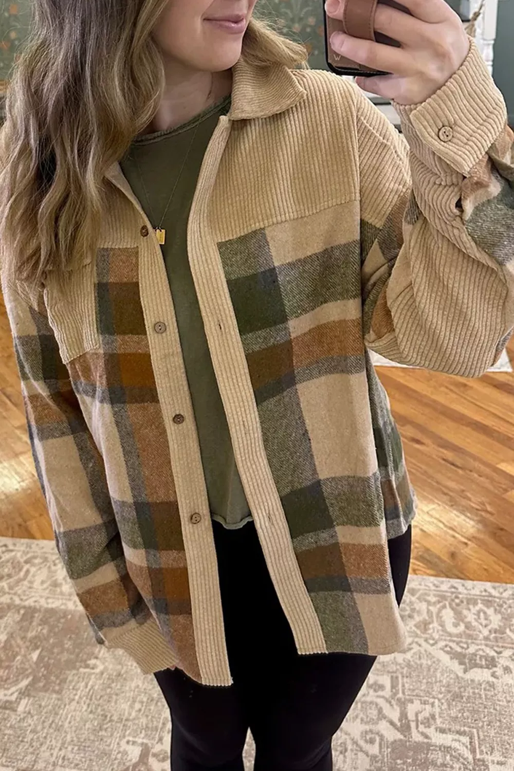 Retro Plaid Corduroy Patchwork Shacket, image 2