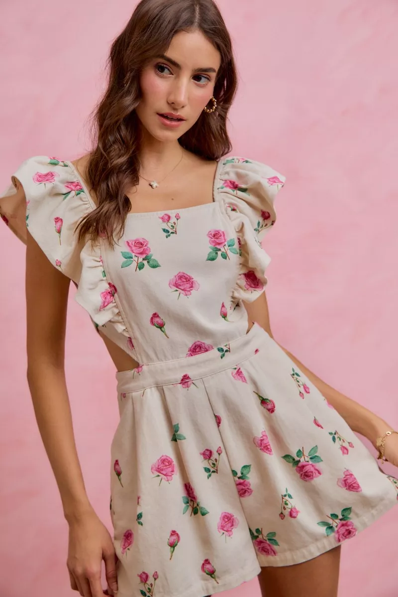 Floral Print Denim Cut Out Waist Ruffled Romper, image 7