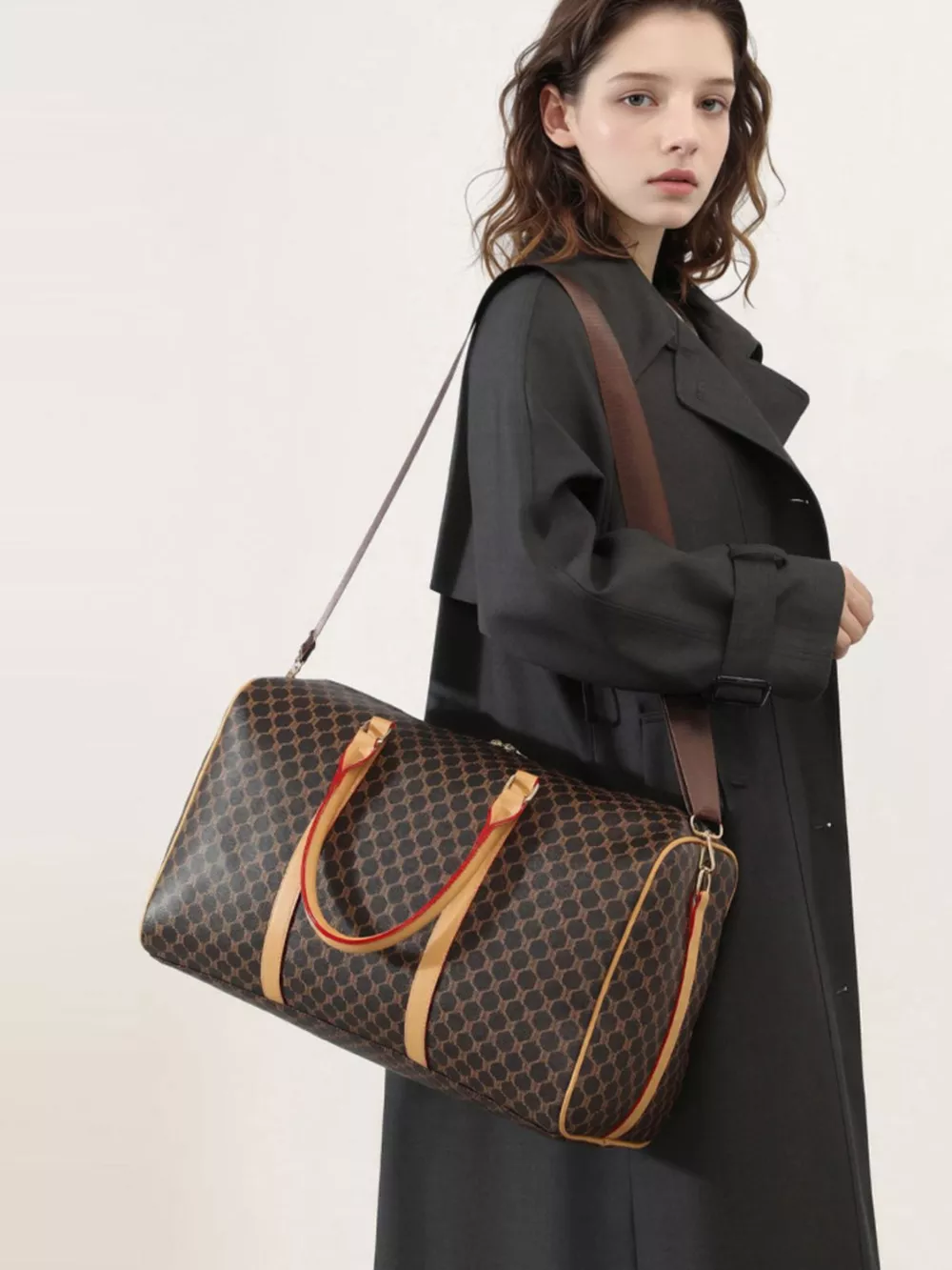 Patterned Leather Travel Duffle Bag with Reinforced Handles, image 2