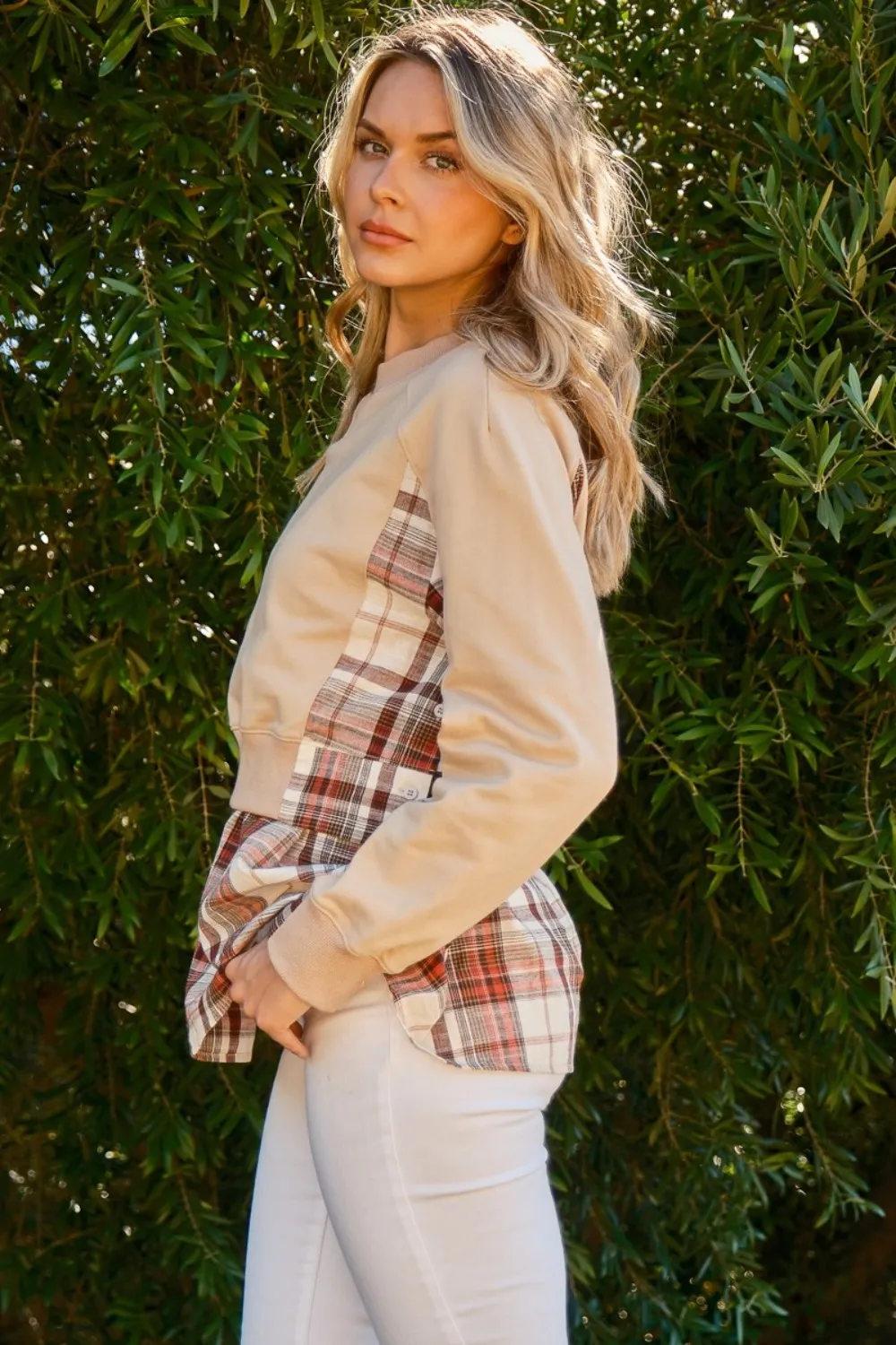 Full Size Double Layered Plaid Contrast Sweatshirt, image 3
