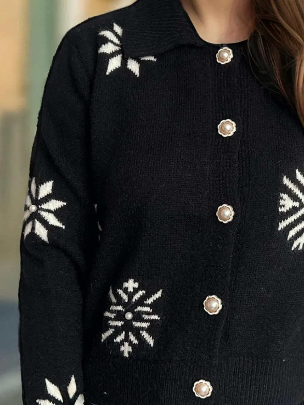 Pearl Trim Collared Neck Long Sleeve Cardigan, image 6