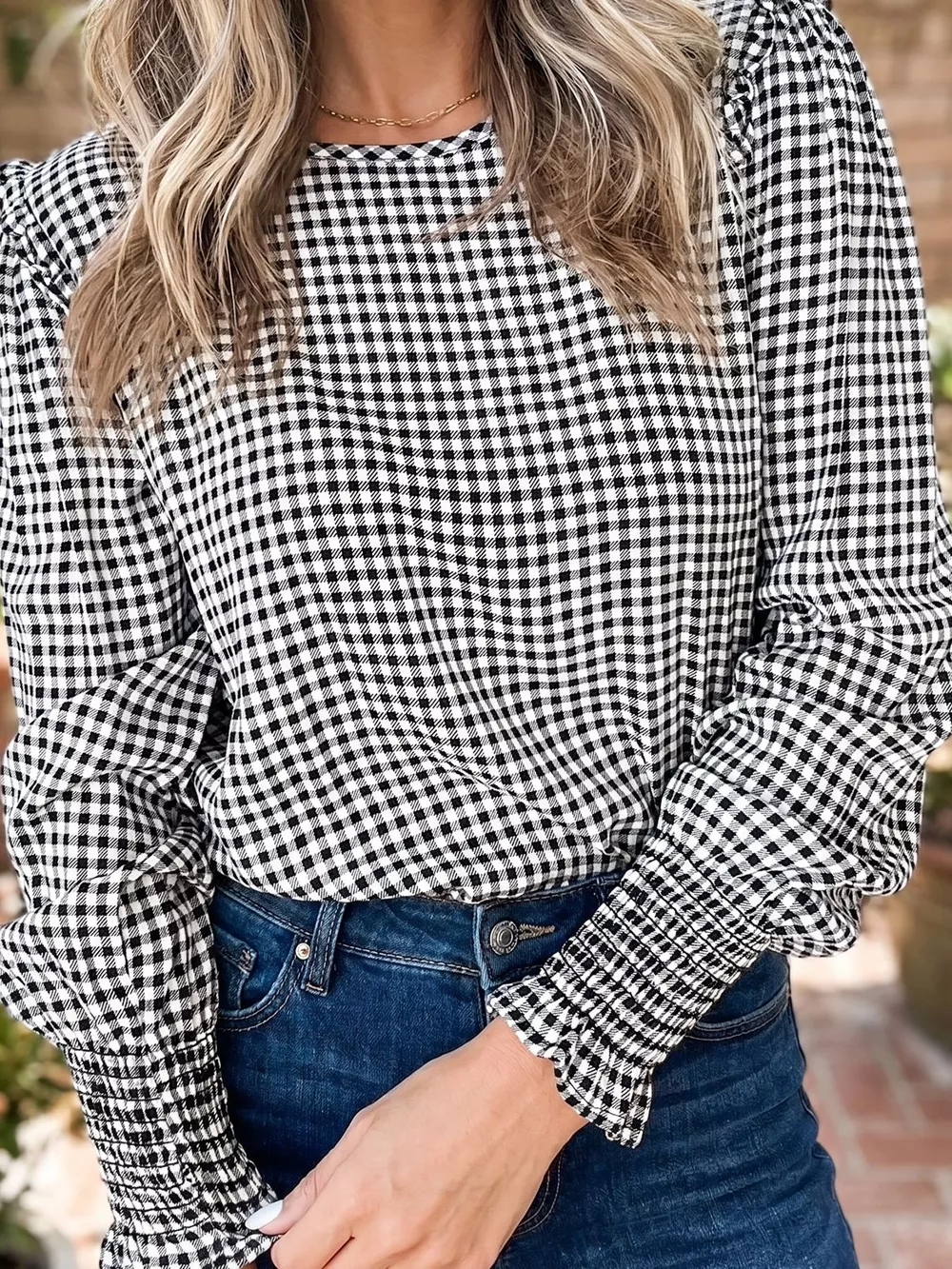 Plaid Shirred Cuff Long Sleeve Round Neck Blouse, image 4
