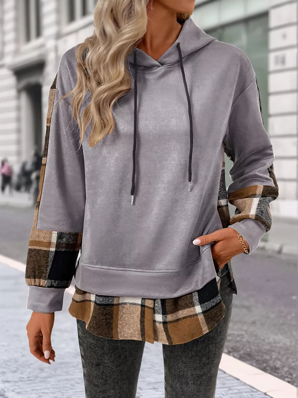 Plaid Drawstring Long Sleeve Hoodie, image 12