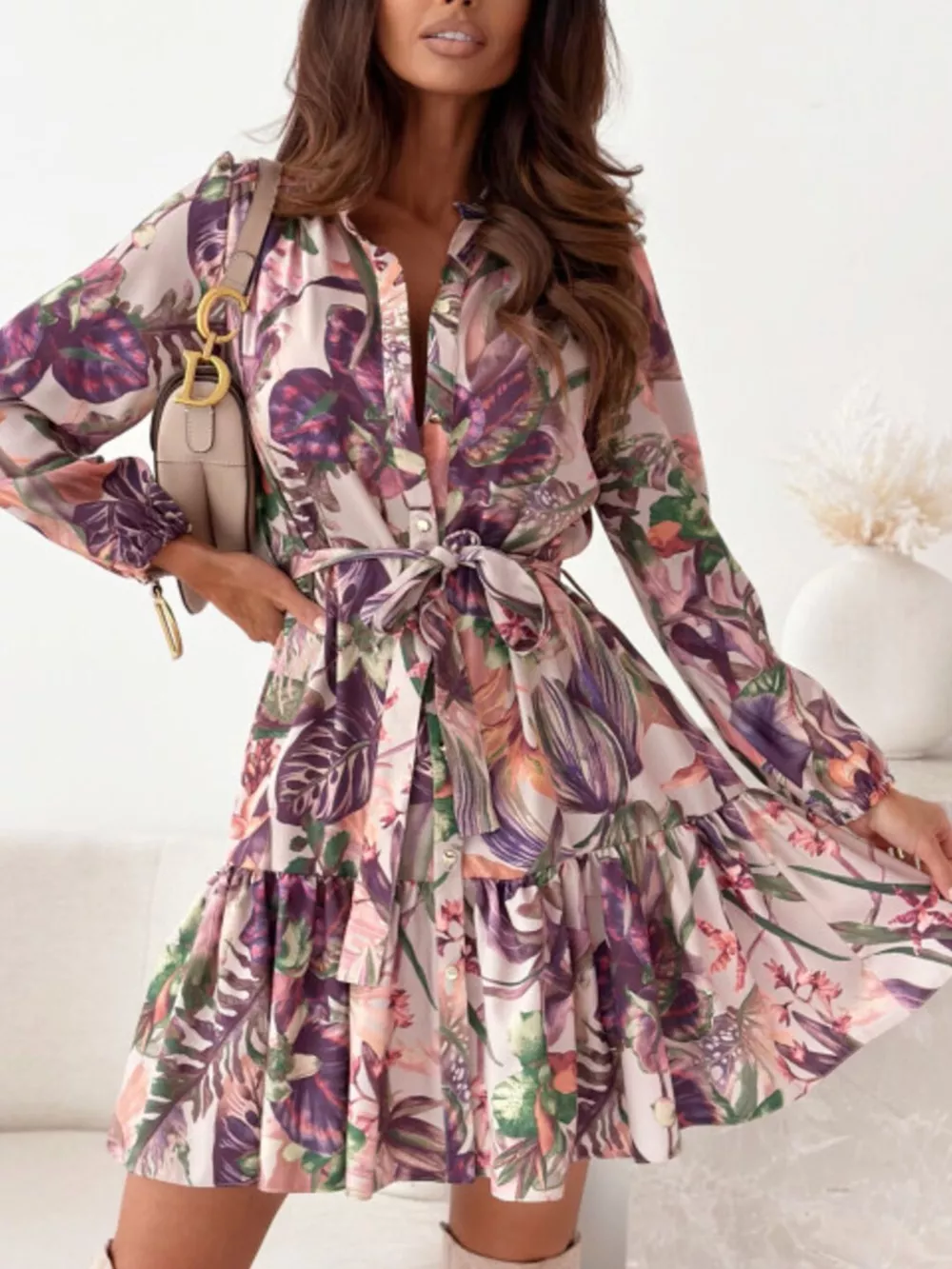 Floral Print Tie Waist Mini Dress