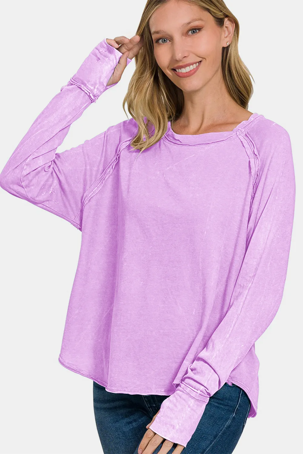Round Neck Thumbhole Long Sleeve T-Shirt, image 3