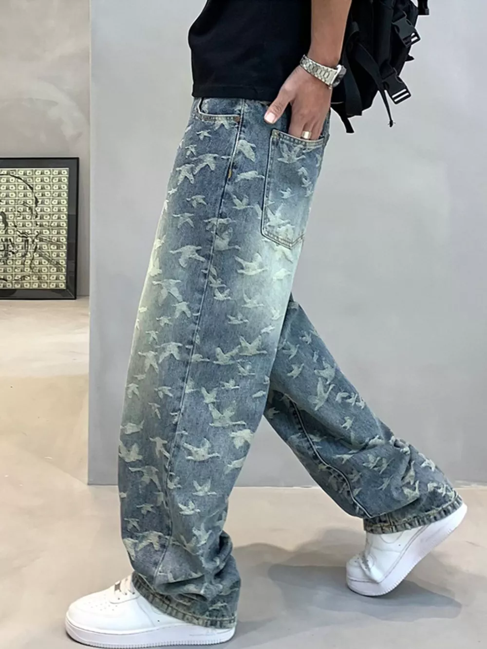 Men's Vintage Bird Print Loose Fit Jeans, image 7