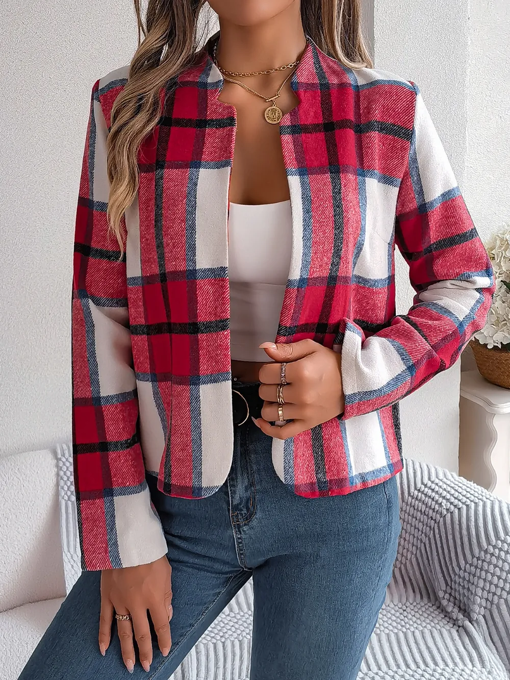 Plaid Open Front Long Sleeve Jacket, image 16