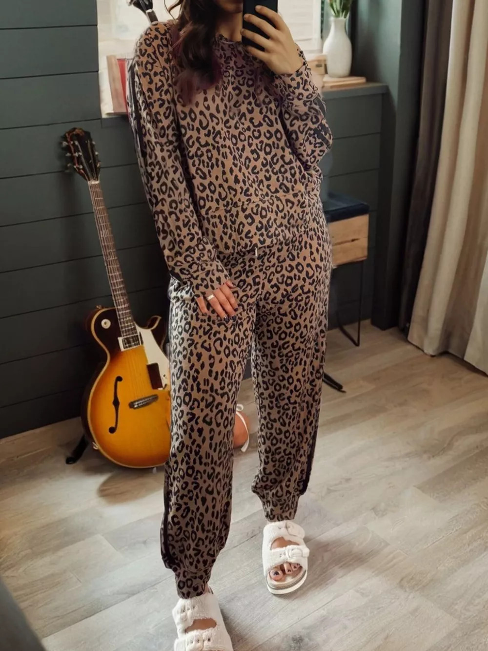 Striped Trim Leopard Long Sleeve Top Drawstring Pant Set, image 4