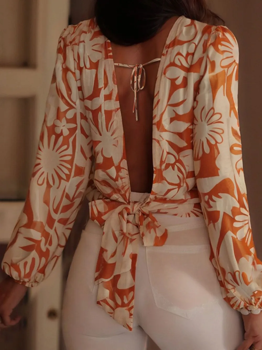 Printed Tie Back Balloon Sleeve Blouse