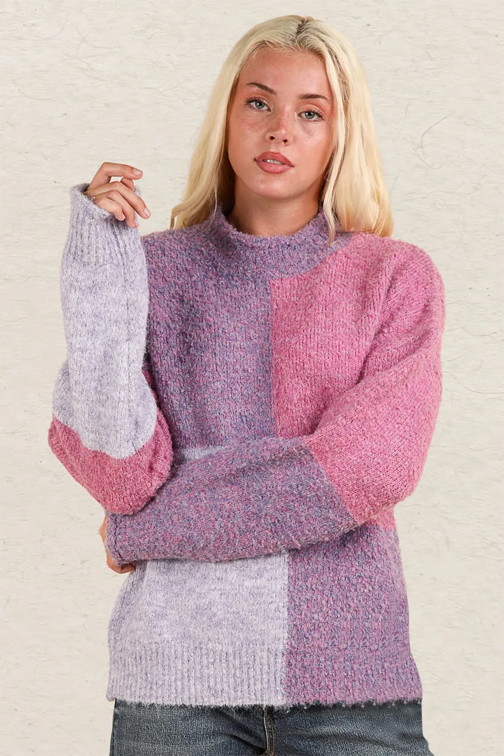 Color Block Mock Neck Drop Shoulder Sweater, image 2