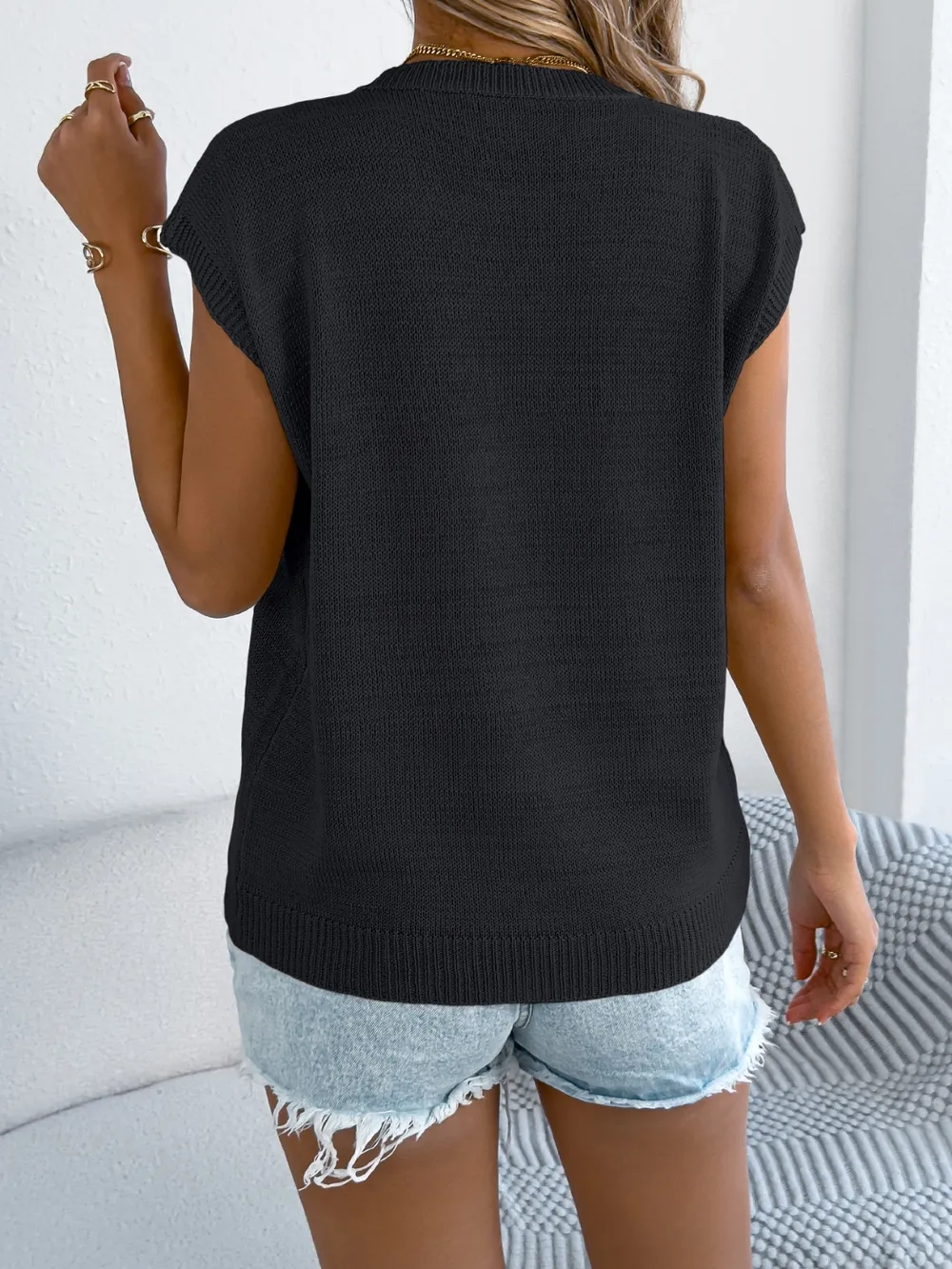Cable Knit Heart Round Neck Cap Sleeve Knit Top, image 14