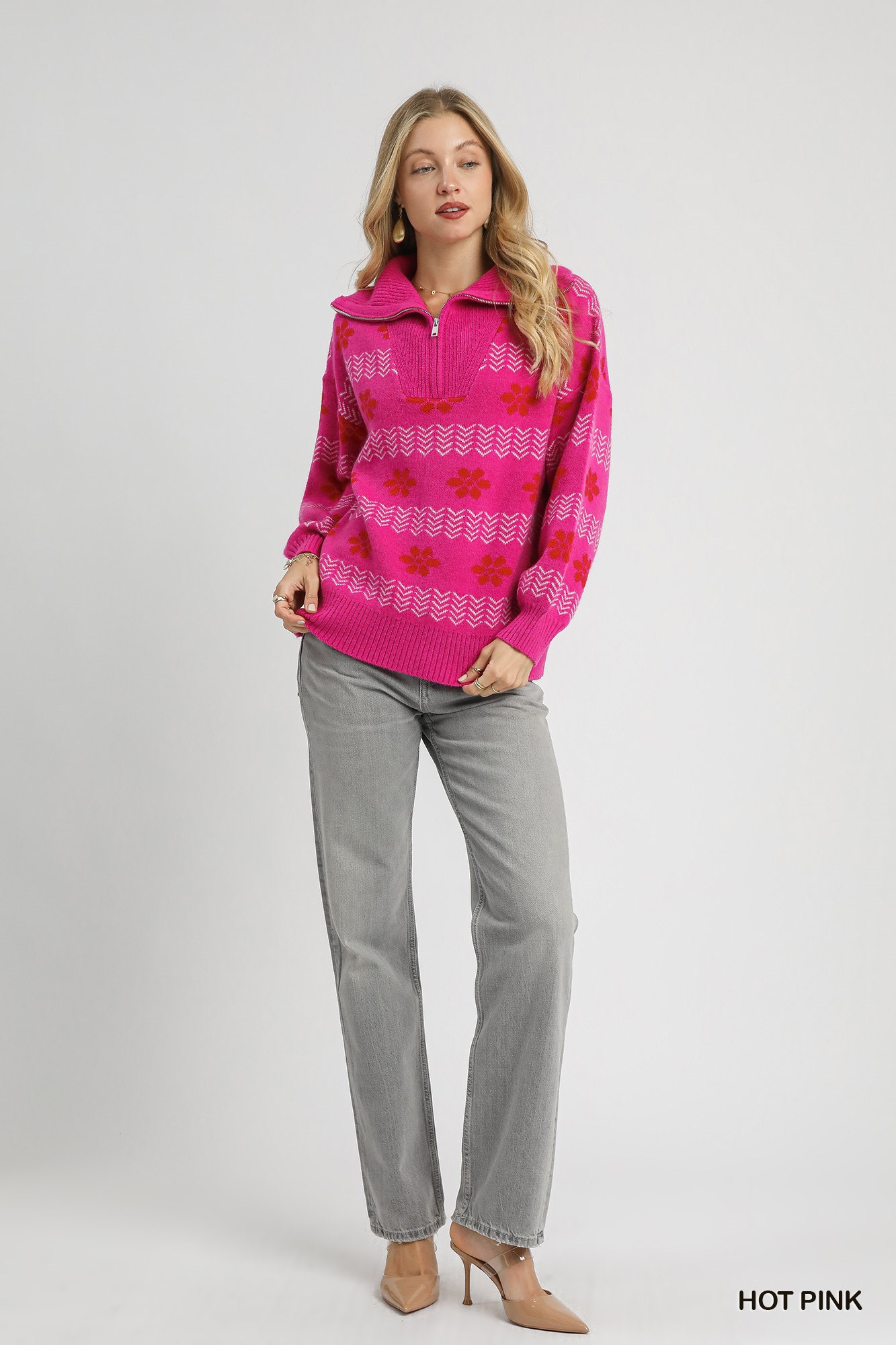 Floral Patterned Jacquard Quarter-Zip Pullover Sweater, image 5