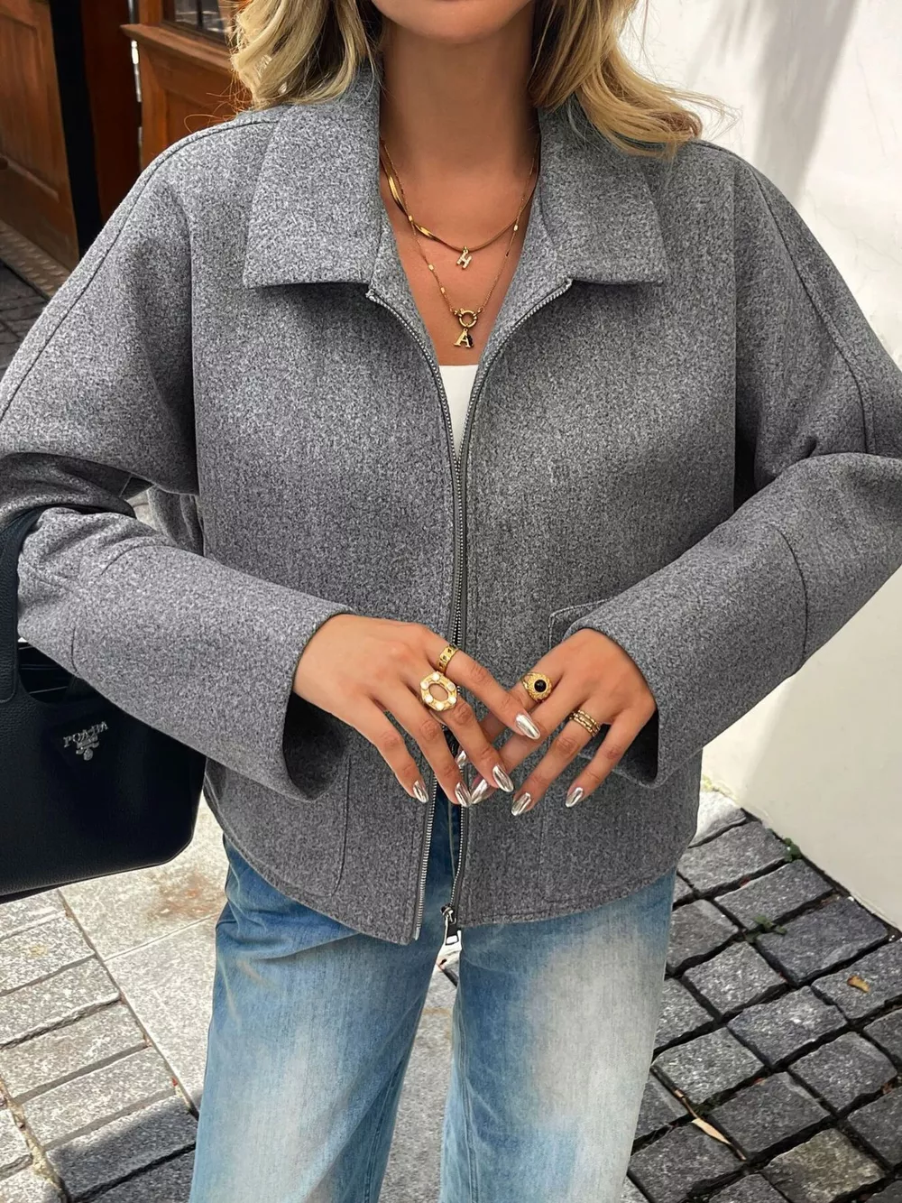 Oversized Collared Neck Zip-Up Jacket, image 4