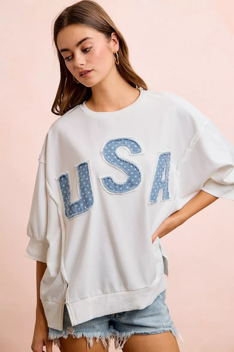 4th Of July Usa Letter Patchwork French Terry Top, image 8
