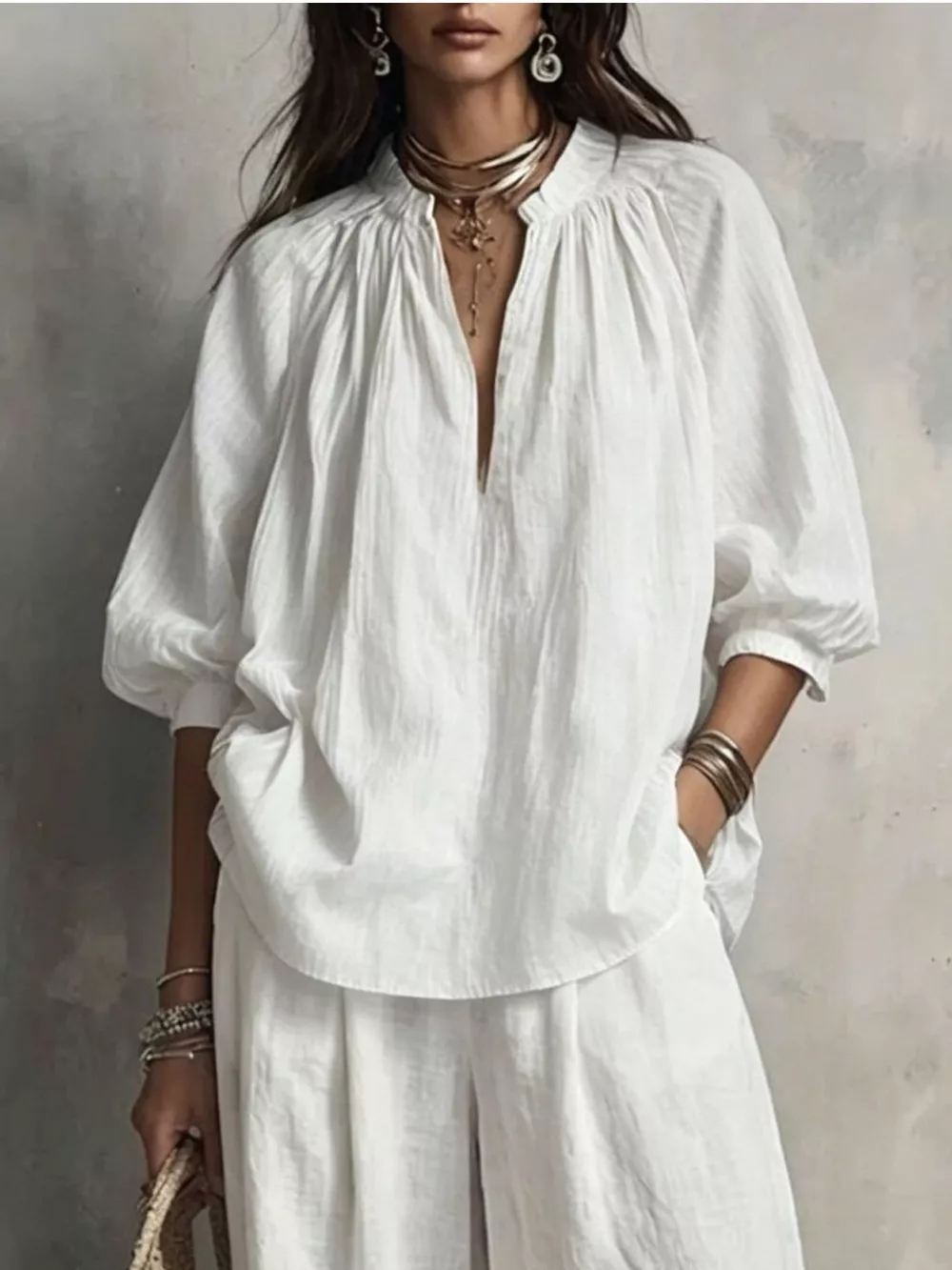 Notched Blouse and Wide-Leg Pants Set, image 8