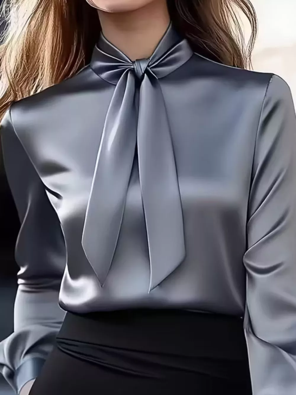 Satin Bow Tie Long Sleeve Blouse, image 8