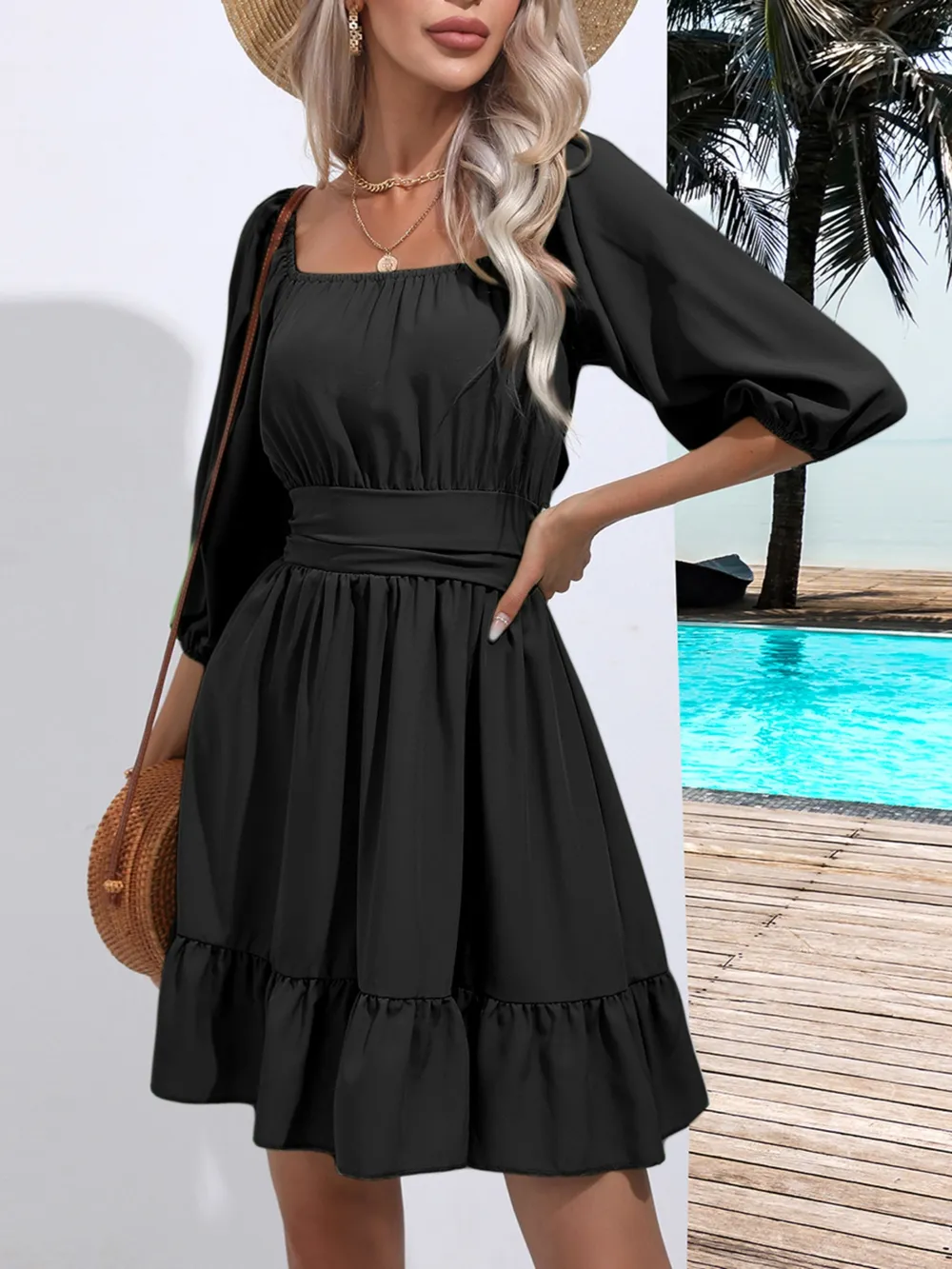 Tie Back Ruffled Hem Square Neck Dress, image 5