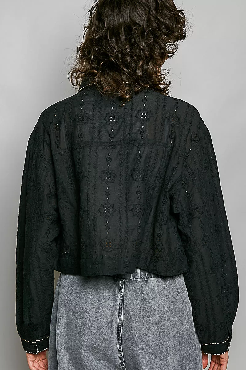 POL Cropped Button-Front Eyelet Cotton Jacket, image 3