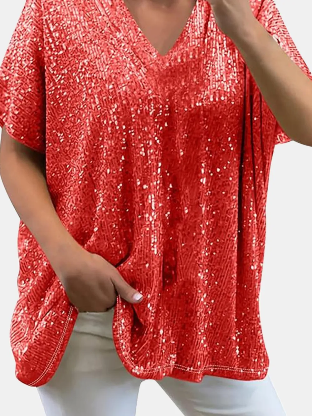 Full Size Sequin V-Neck Short Sleeve Top, image 12