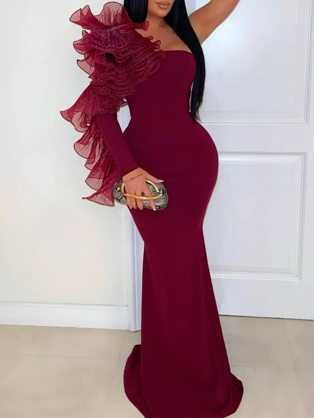 One-Shoulder Ruffled Mermaid Evening Maxi Dress, image 7
