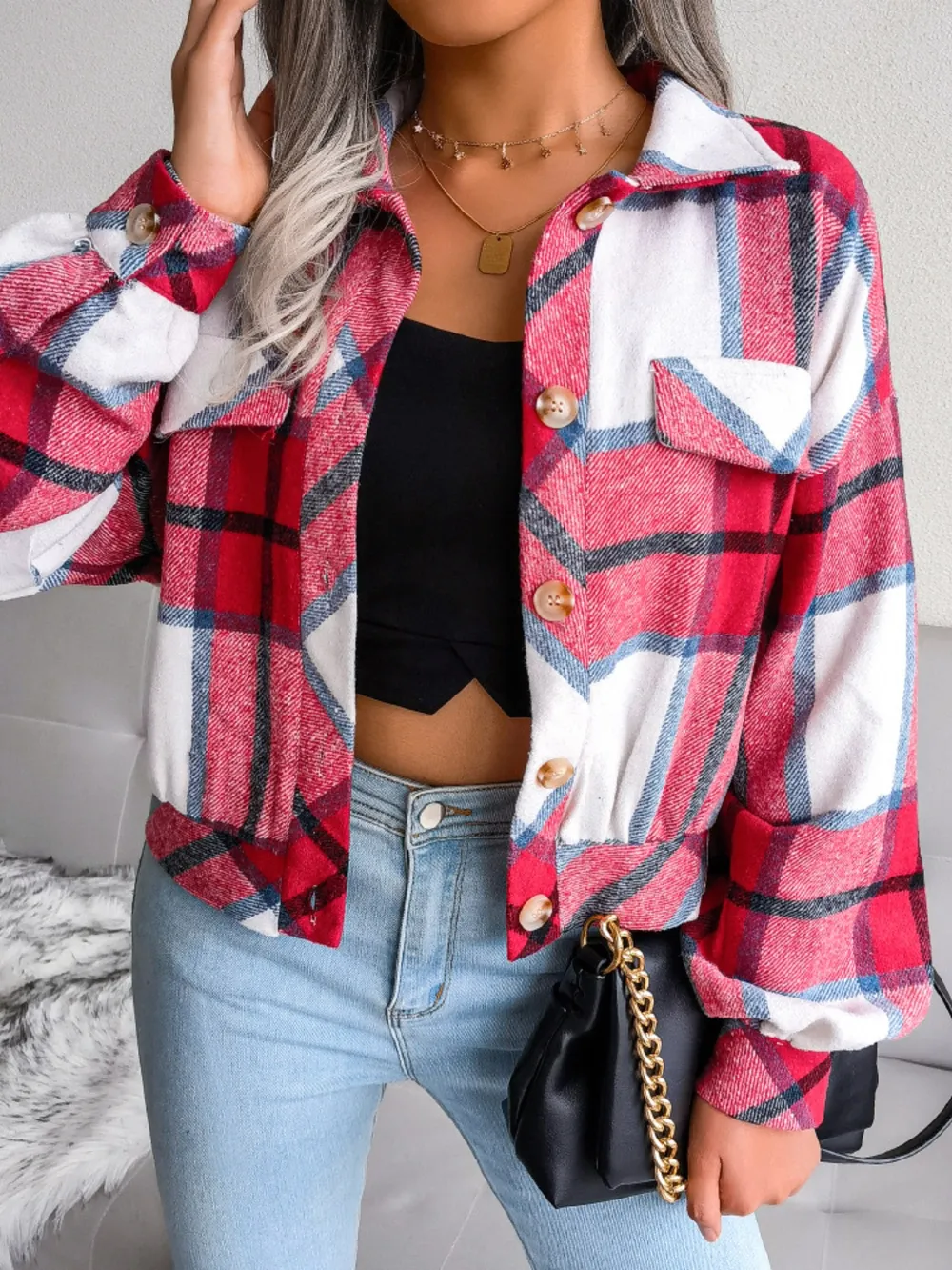 Plaid Collared Neck Long Sleeve Jacket, image 18