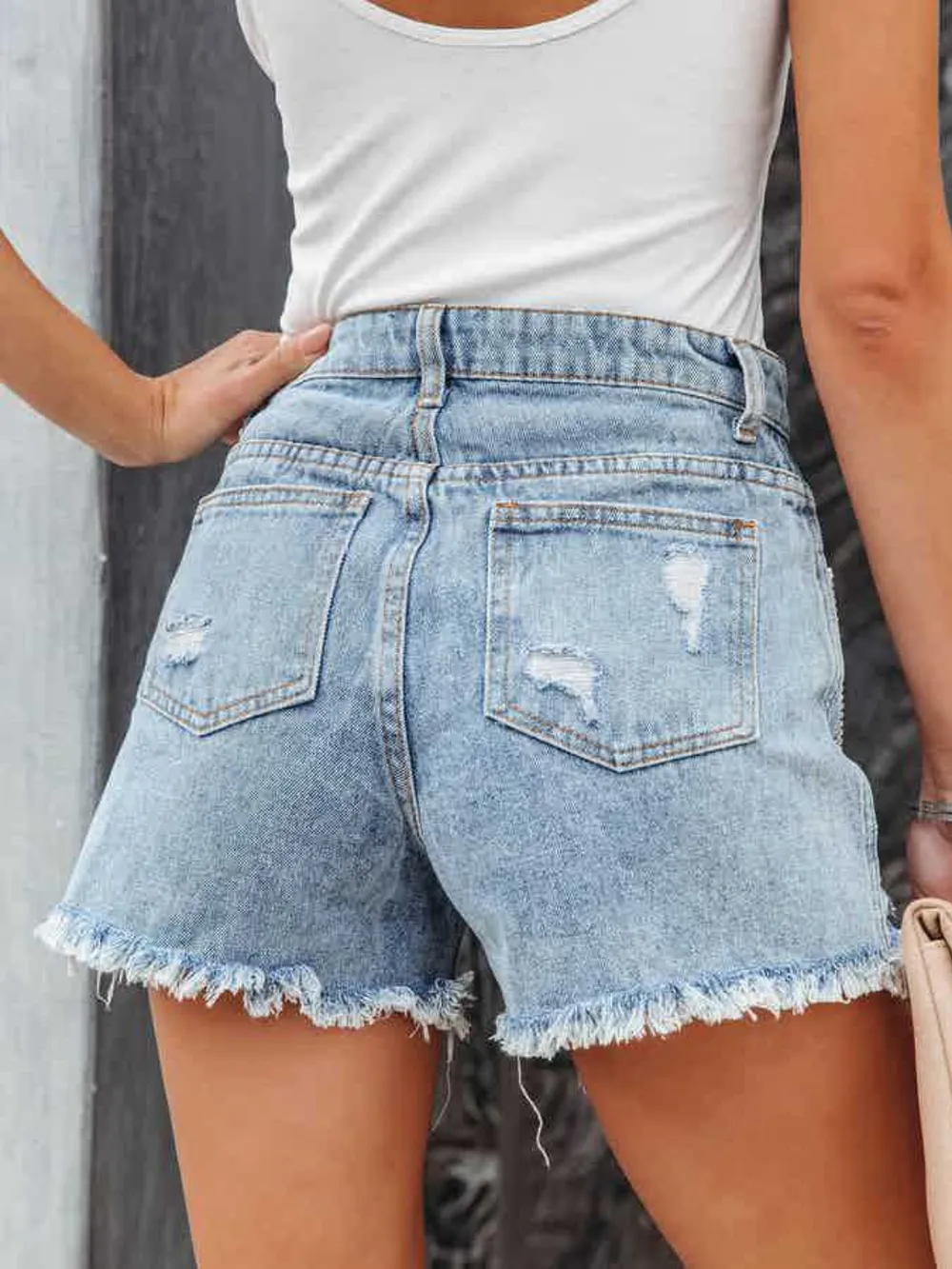 Distressed Fringe Denim Shorts with Pockets, image 4