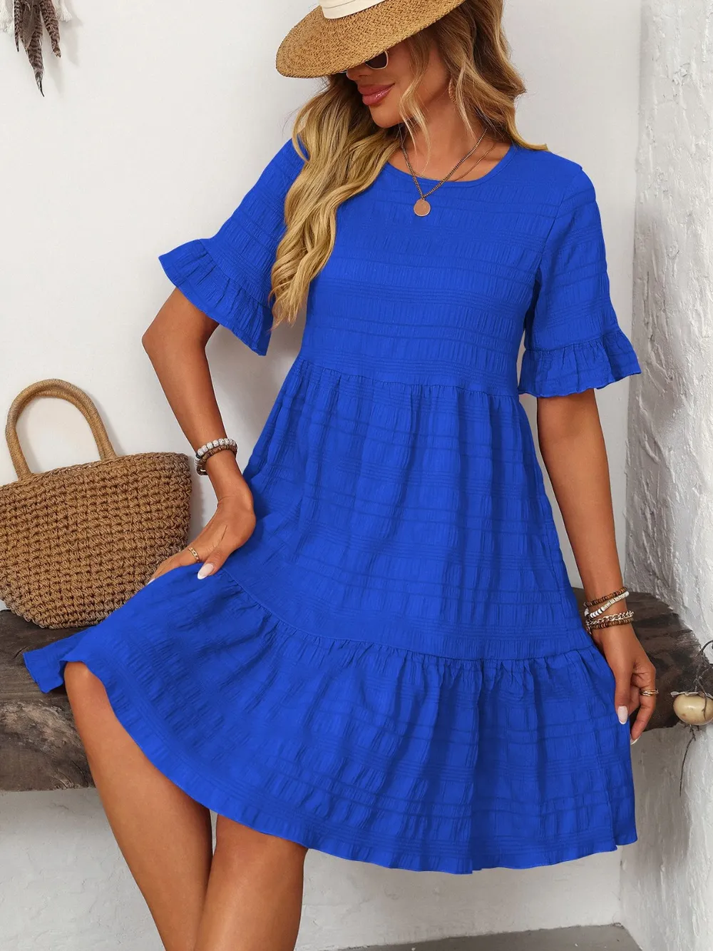 Ruffled Ruched Round Neck Half Sleeve Dress, image 10