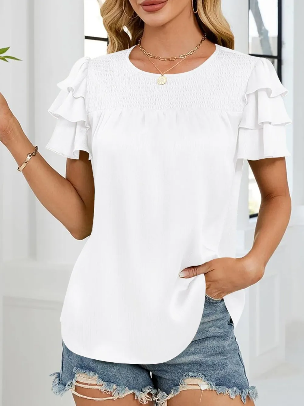 Smocked Round Neck Ruffled Layered Sleeve Blouse, image 16