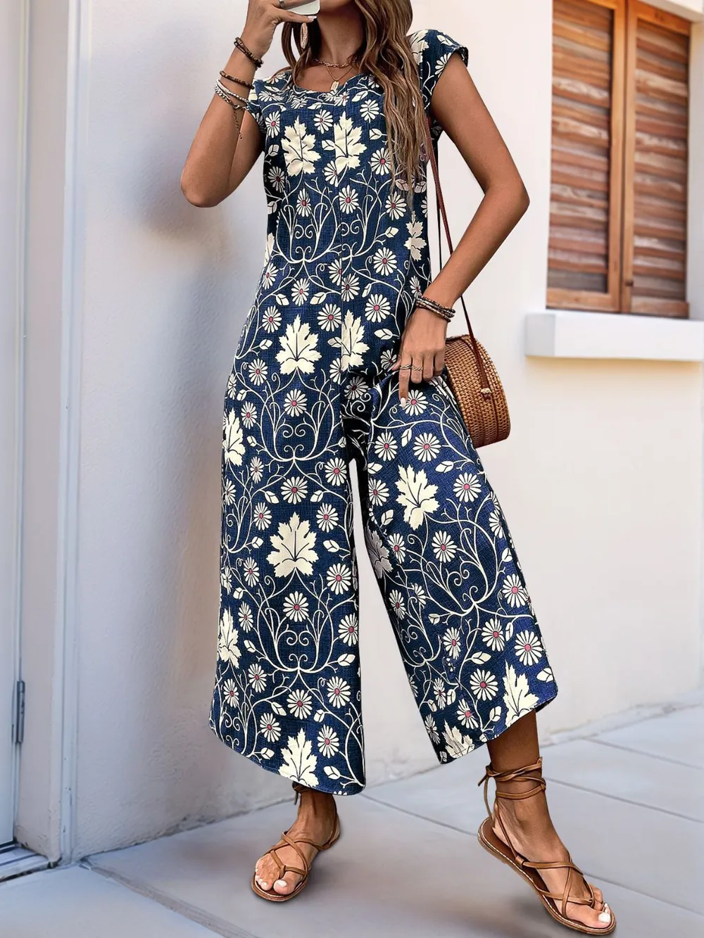 Printed Round Neck Cap Sleeve Wide Leg Jumpsuit, image 10