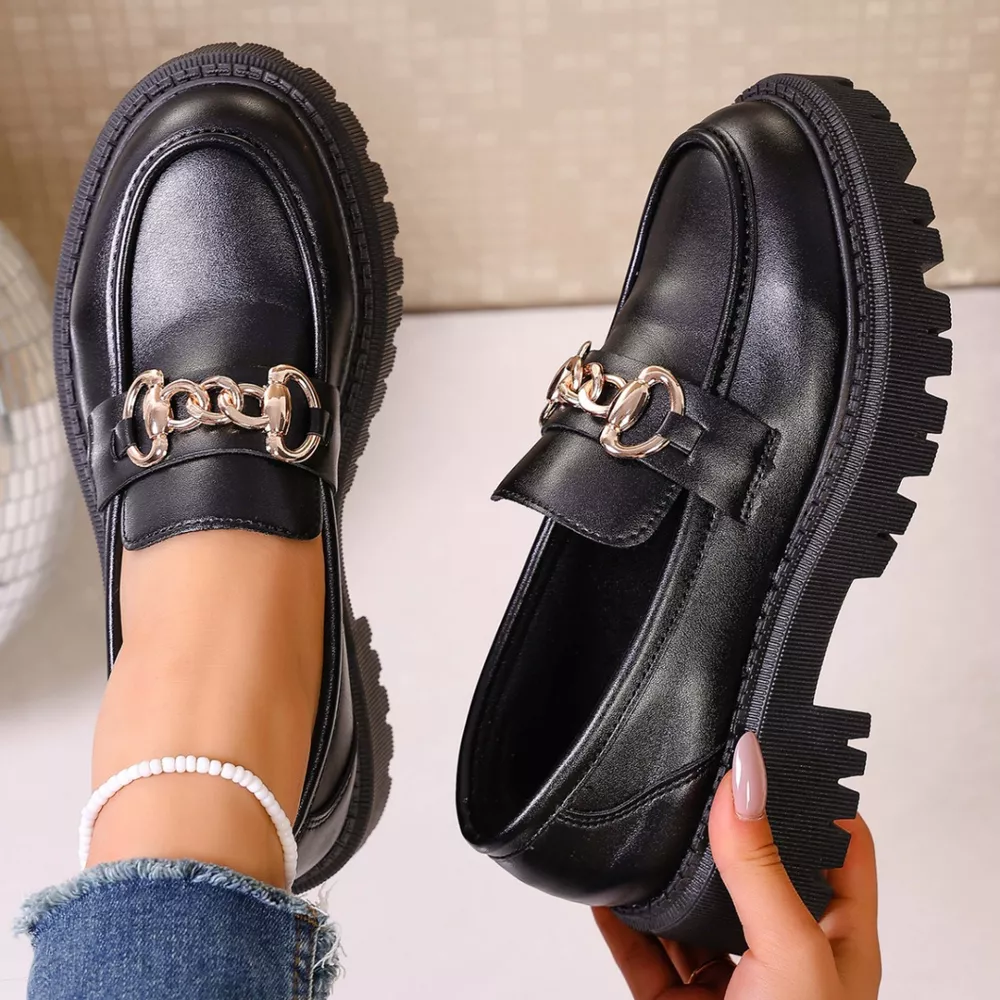 Chain Decor Round Toe Loafers, image 9