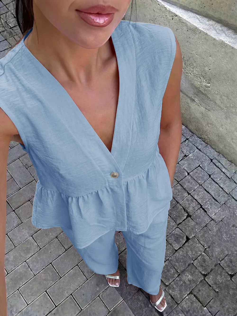 One Button Top and Wide Leg Pants Set, image 4