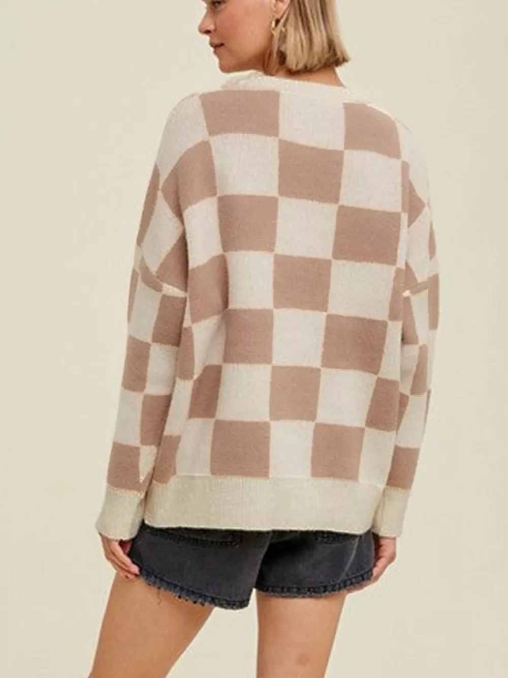 Checkered Pattern Ribbed Trim Knit Baggy Sweater, image 2