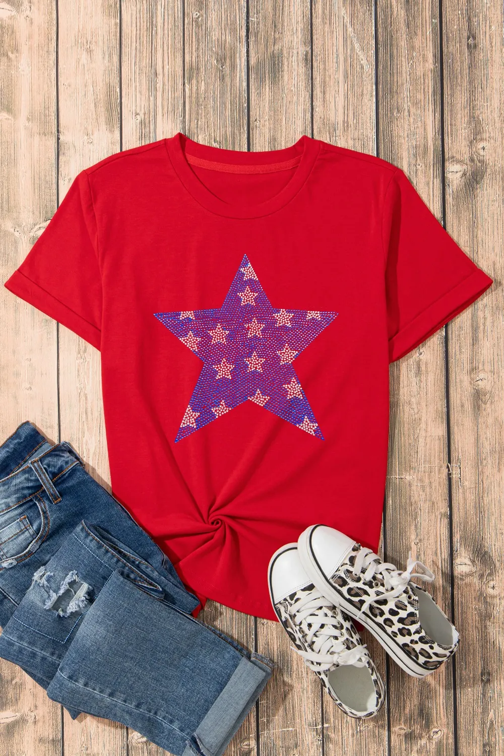 Patriotic Star Round Neck T-Shirt, image 2
