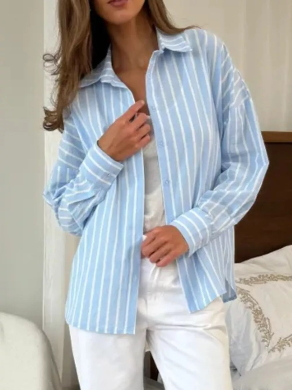 Button Down Striped Collared Neck Long Sleeve Shirt, image 4