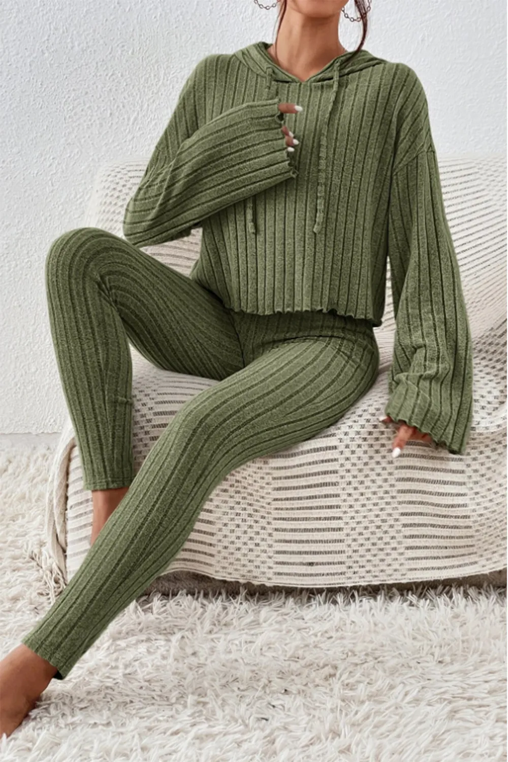 Lettuce Hem Dropped Shoulder Hooded Top and Pants Set, image 3