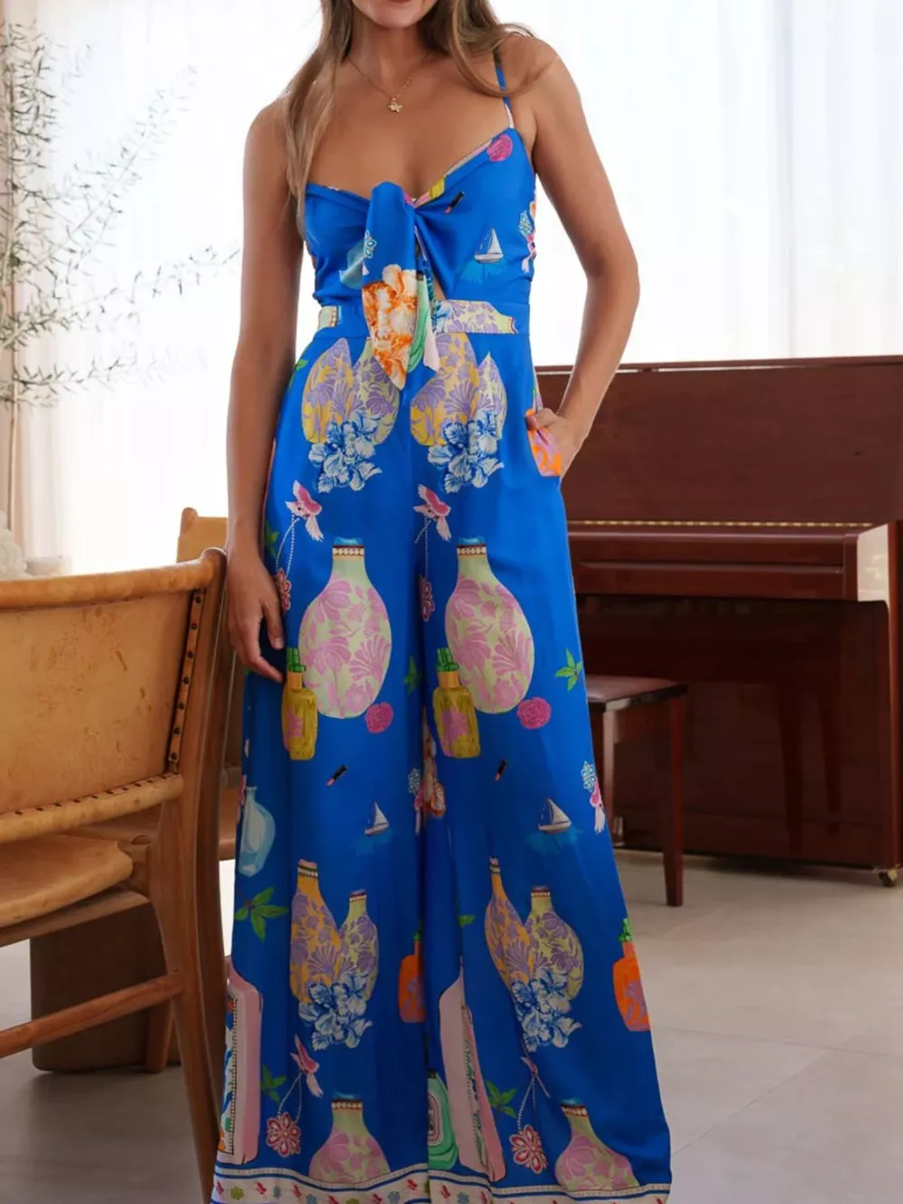 Printed Tie-Front Wide Leg Jumpsuit, image 14
