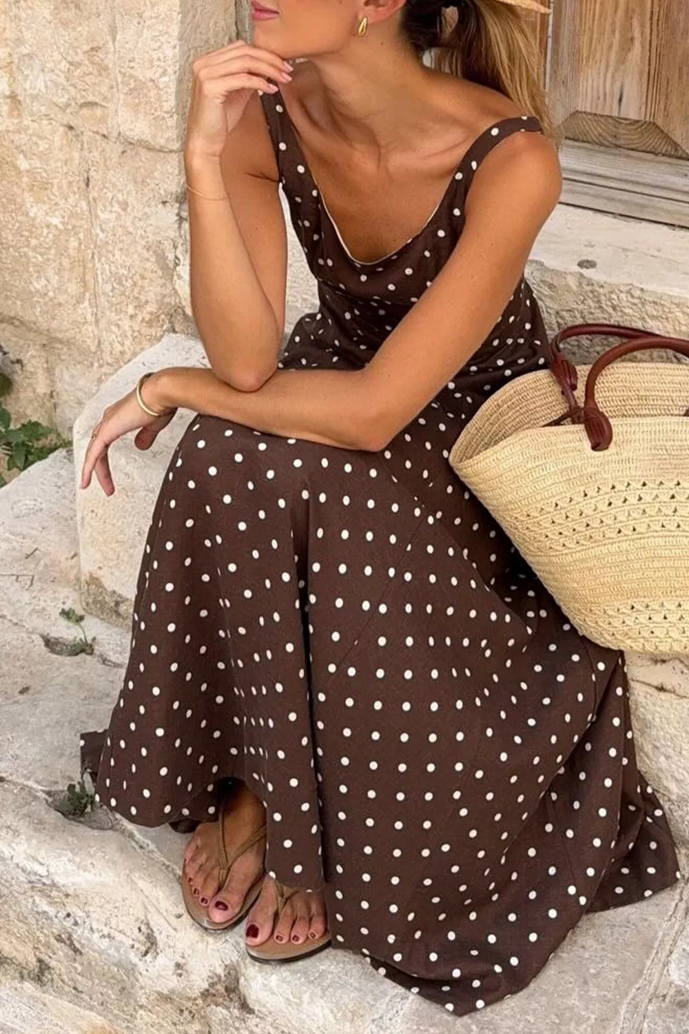 Polka Dot Print Square Neck Sleeveless Vacation Maxi Dress, image 4