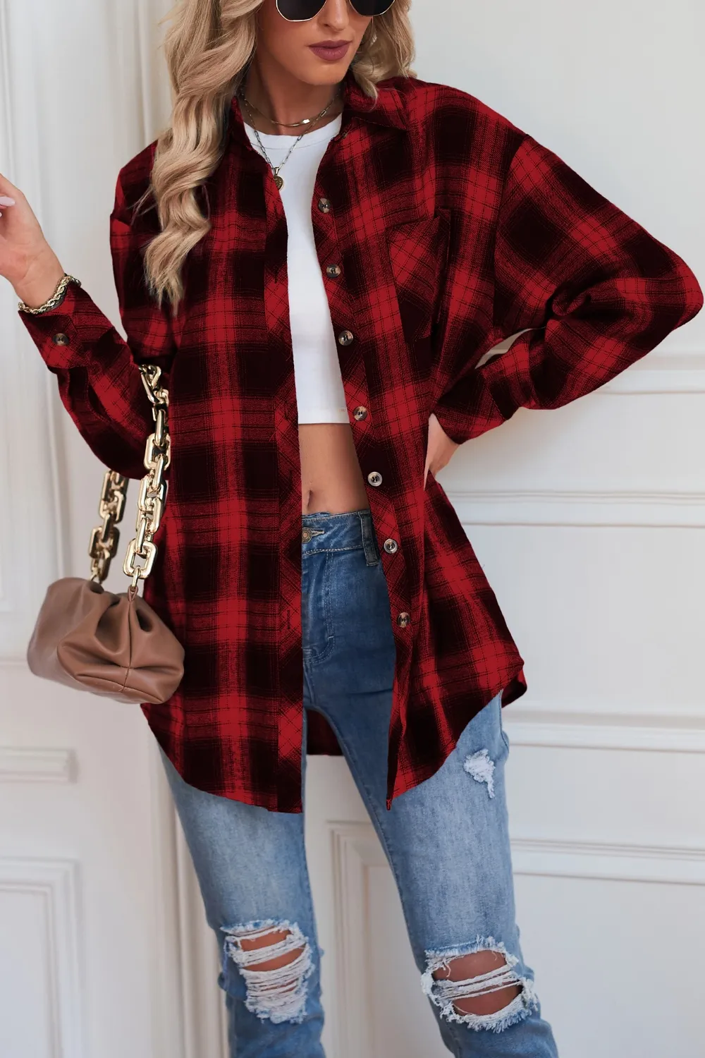 Plaid Button Up Dropped Shoulder Outerwear, image 4