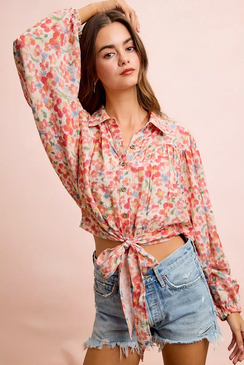 BiBi Floral Print Tie Hem Detail Crop Shirt, image 10