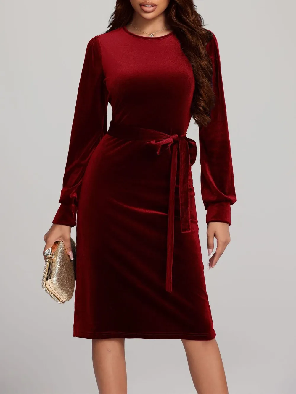 Round Neck Tie Waist Long Sleeve Velvet Dress, image 16