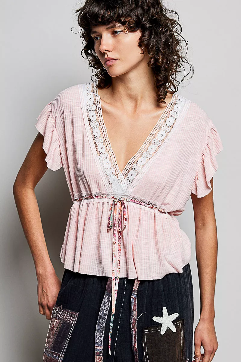 Tied Ruffled V-Neck Short Sleeve Blouse with Lace Detail, image 3