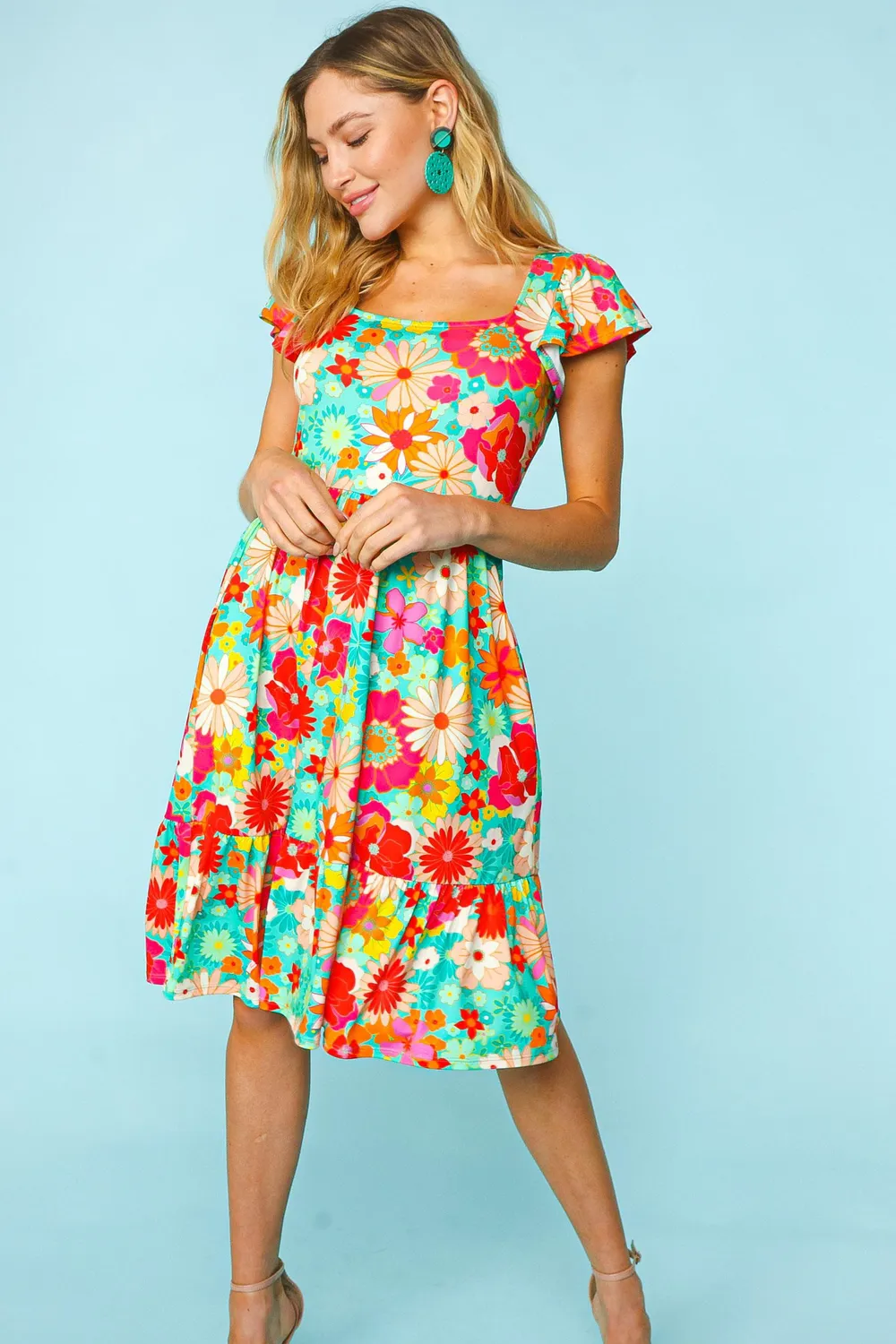 Floral Square Neck Short Sleeve Dress, image 6