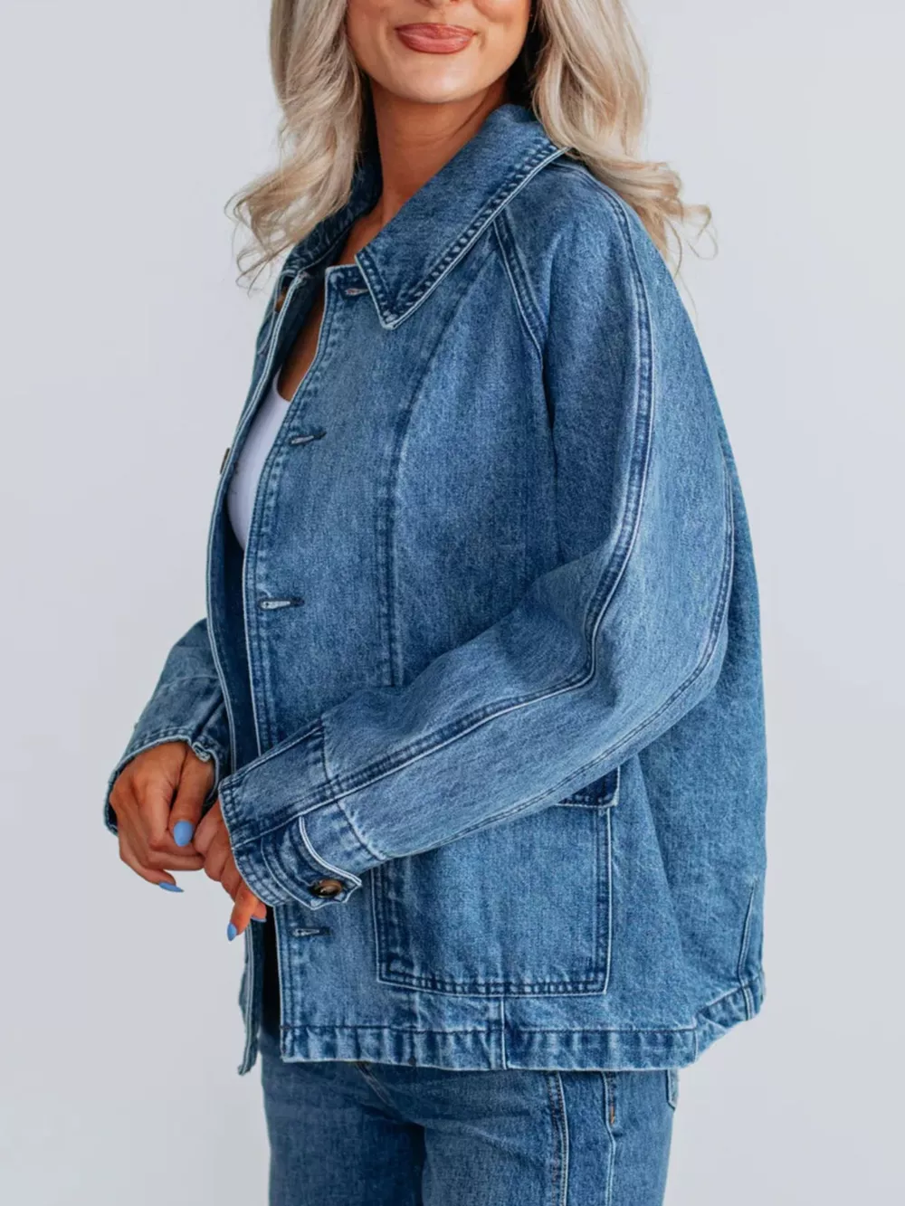 Button Up Raglan Sleeve Denim Jacket, image 2