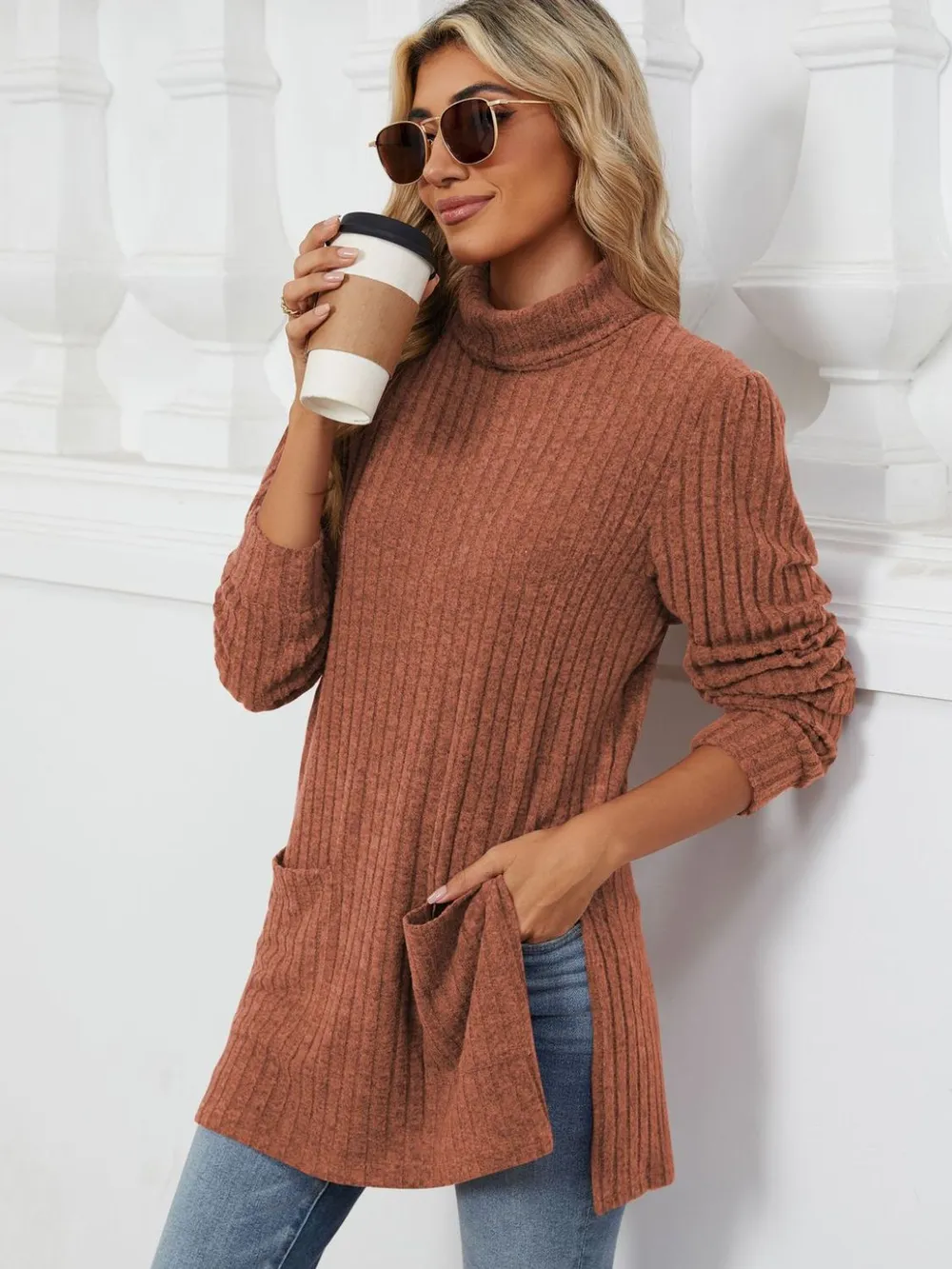 Slit Mock Neck Long Sleeve T-Shirt, image 33